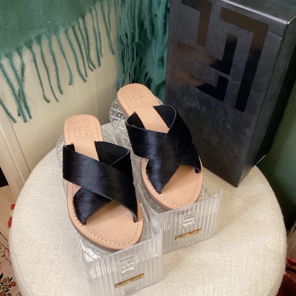 Lulu’s LFL Mira Black Pony Fur Slide Sandals with leather lining